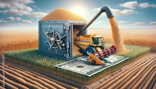 Harvesting Wealth: A Farmer's Unusual Find. A farmer harvests atop a field, uniquely driving over a giant packet of banknotes in an open safe, blending the worlds of agriculture and treasure.