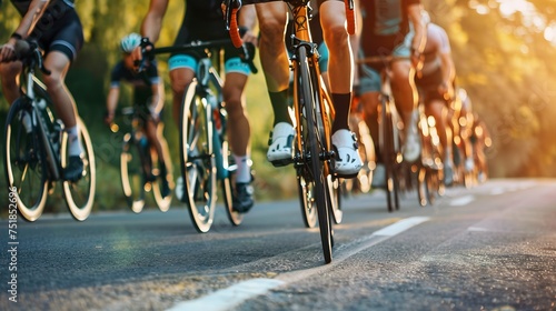 Close-up of a group of cyclists with professional racing sports gear riding on an open road cycling route 