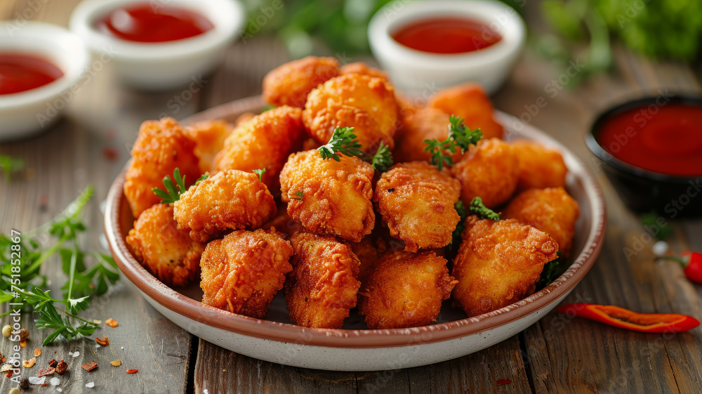 Delicious fried chicken nuggets on white plate.
