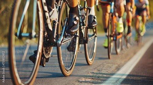 Close-up of a group of cyclists with professional racing sports gear riding on an open road cycling route 