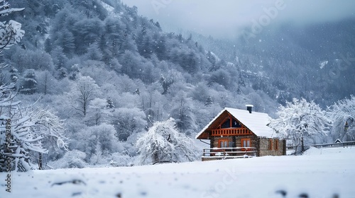 Warm cozy cabin in snowy landscape background © furyon