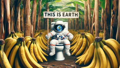 Unexpected Earth: An Astronaut's Banana Grove Landing. An astronaut emerges from a toilet amidst a banana grove, humorously discovering that "This is Earth," blending the surreal with exploration.