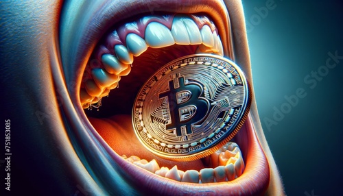 Bridging Bitcoin and Reality. Human jaws biting into a Bitcoin coin, illustrating the palpable impact of digital currency in the physical world through a moment of tension and determination.