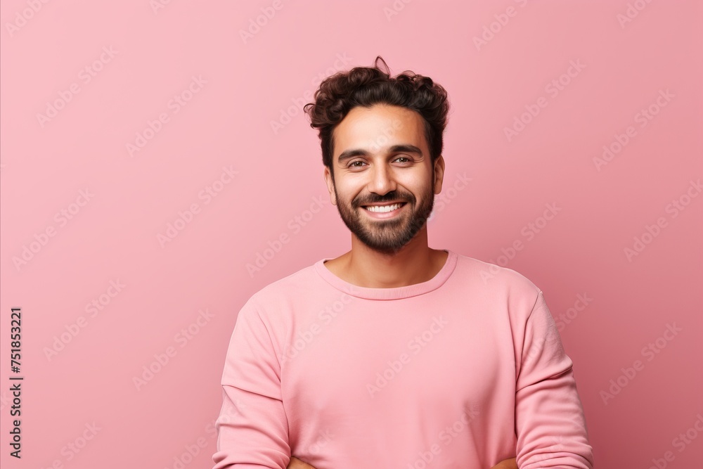 Portrait of a handsome young man smiling at camera over pink background Portrait of a handsome young man smiling at camera over pink background