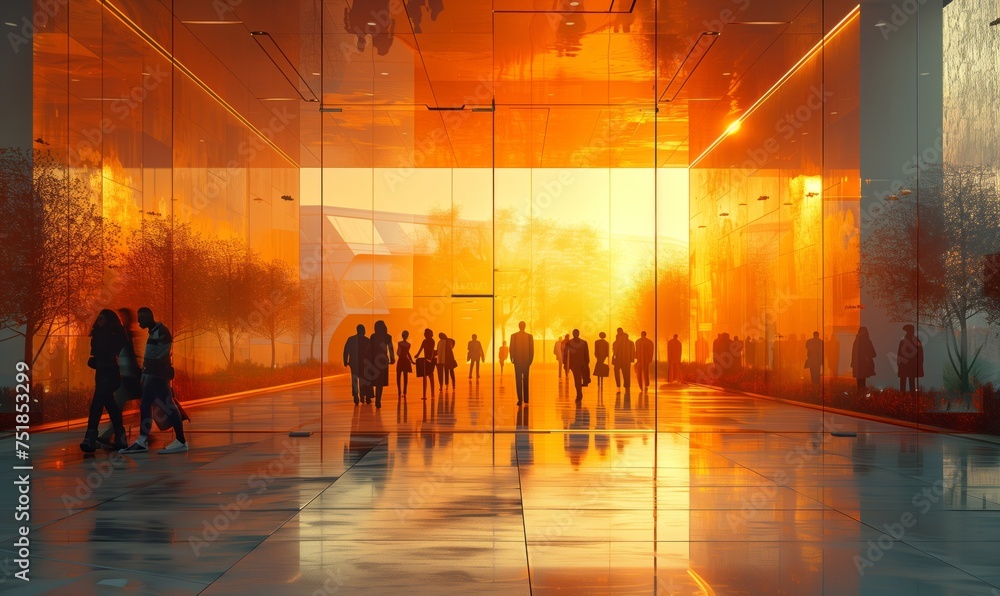 A group of people are walking through a building at dusk, admiring the amber and orange hues of the sunset painting the natural landscape outside