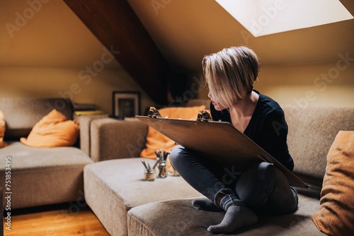 Artistic woman sitting on a couch and drawing an illustration at home