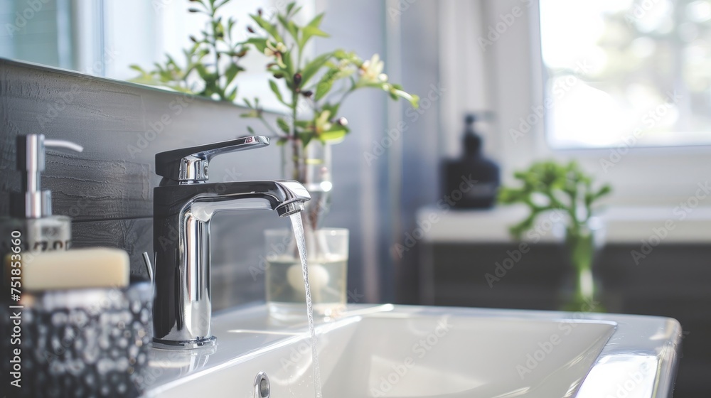An image capturing the interior of a bathroom, showcasing a sink with a faucet An image capturing the interior of a bathroom, showcasing a sink with a faucet