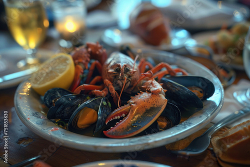 Cooked Maine Lobster and mussels on a dinner plate with a lemon.
