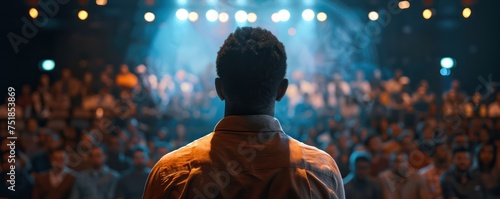 Stage speech revolutionized by hologram technology minimalist view of black man speaking close up on audience engagement