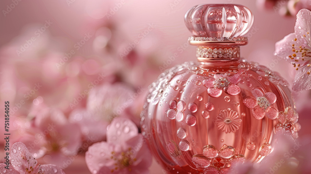A pink perfume bottle with elegant design on a light pink background. A pink perfume bottle with elegant design on a light pink background.
