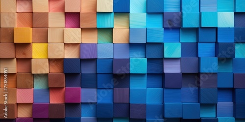 Spectrum of colorful wooden blocks aligned on a rustic old wood table. Japanese Color set. Background or cover for something creative, diverse, and in multiple variations.