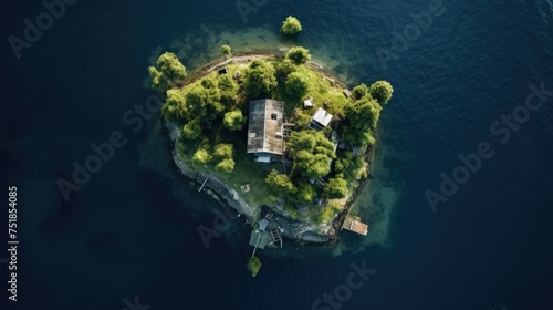 an aerial view of a small house on a small island