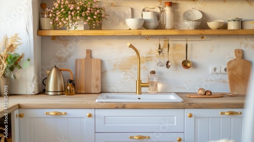 Beautiful bright interior of the kitchen in a minimalist style - kitchen furniture with ceramic sink  brass faucet  cutting boards  kettle and homemade flower on the surface