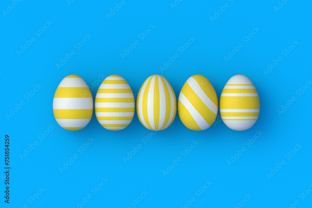 Row of easter eggs on blue background. Religious holiday. Top view. 3d render Row of easter eggs on blue background. Religious holiday. Top view. 3d render