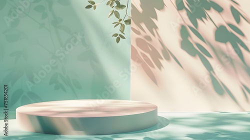 Minimal empty turquoise green and cream beige colored room background. Modern studio showcase, product display, 3d stage, pink table with natural hawthorn tree leaves shadows.