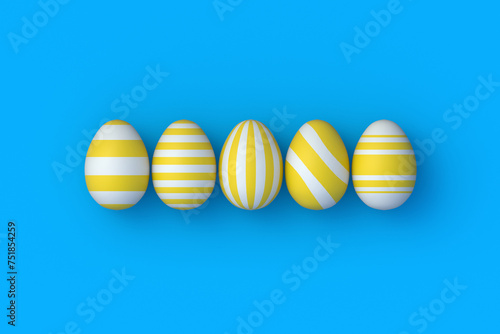 Row of easter eggs on blue background. Religious holiday. Top view. 3d render