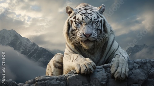 a white tiger sitting on top of a rock