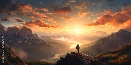 Sunset landscape with hiker looking at the sun from mountain top