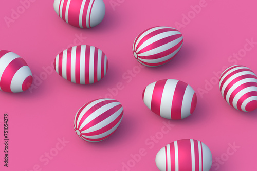 Many scattered easter eggs on red background. Religious holiday. 3d render