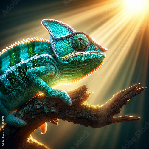 A vibrant chameleon perches on a branch, its colors vivid against the sunlit backdrop