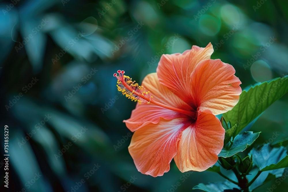Fototapeta premium Vibrant Hibiscus Bloom Amid Tropical Greenery, AI Generative 