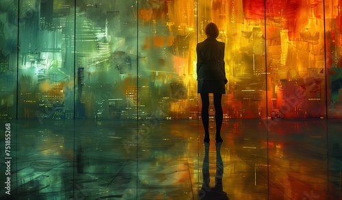 A woman is gazing at a stained glass window, admiring the waterlike tints and shades. The artwork reflects the darkness, adding a touch of heat to the event
