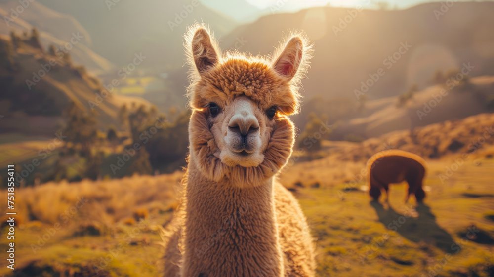 A cute alpaca with brown fur in a farm field.