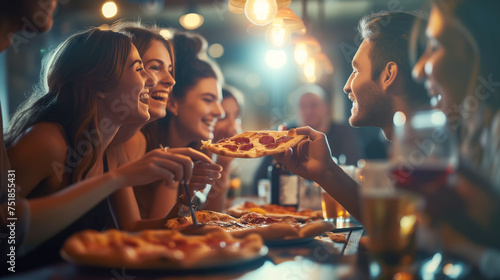 Photo of a group of friends eating pizza together, seated at a table in a cozy pizzeria. Fragrant pizza is divided into portions, eagerly awaiting to be savored in the delightful company of fellows