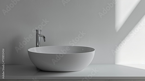 In a minimalist modern bathroom  a washbasin with a faucet serves as a focal point  contributing to the sleek interior design