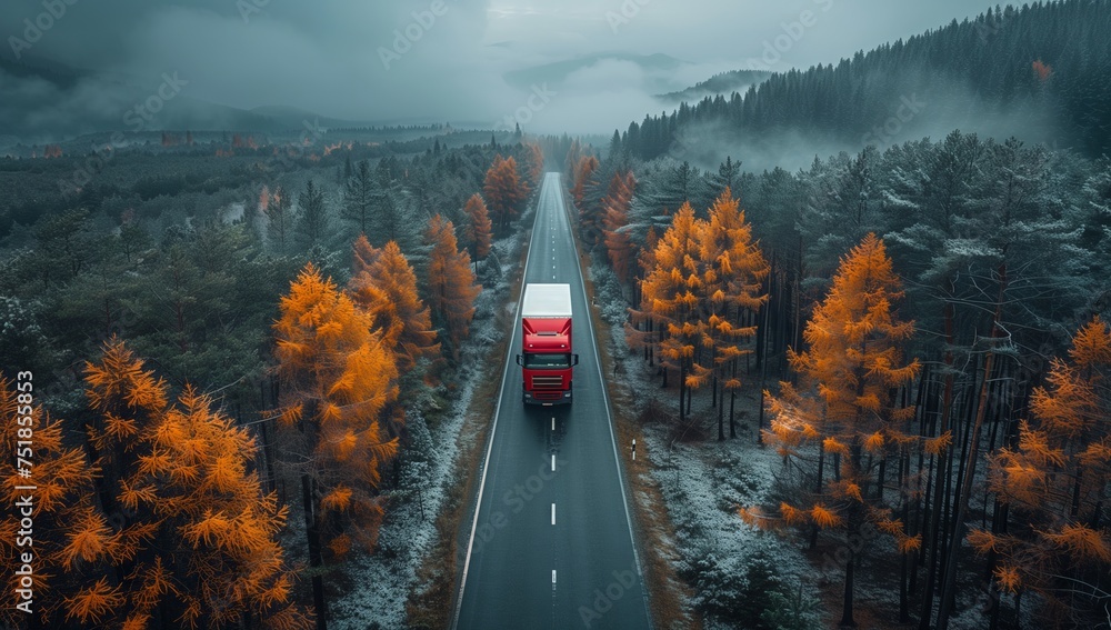 An aerial view of a vehicle driving on an asphalt road surrounded by trees in a natural landscape ecoregion, under a cloudy sky - obrazy, fototapety, plakaty 