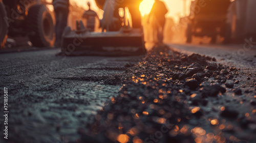 Heavy duty road repair machinery compacting freshly laid asphalt on a city street. © SashaMagic