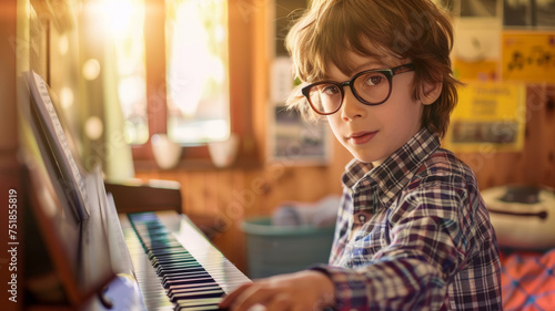 A cute little boy practicing piano at home.