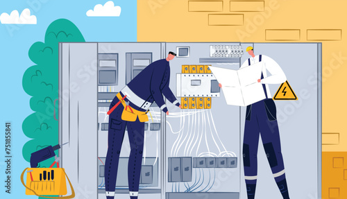 Two electricians working electrical panel indoors, one checking wires, reading schematic. Professional teamwork power system installation vector illustration photo