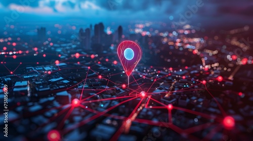 Red map pin in cityscape and network connection, indicating the city destination on the map and connection concept photo