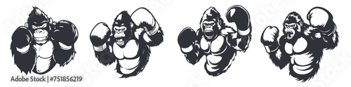 Set of gorilla in boxing gloves punches silhouette vector design, Generative Ai