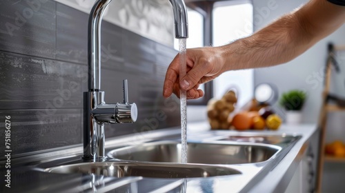 Plumber's hands in close-up holding a new faucet for installation into a kitchen sink, depicting plumbing work or renovation photo