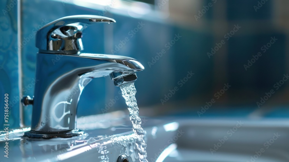 Silver chrome water faucet with flowing water and copy space Silver chrome water faucet with flowing water and copy space