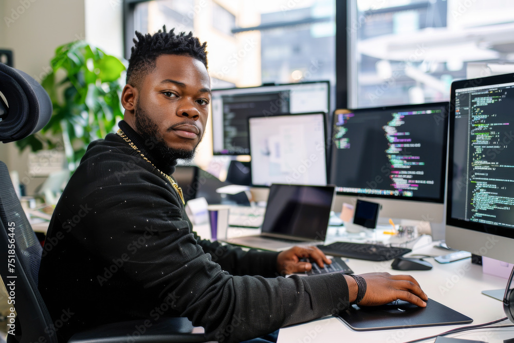 Portrait of young African-American programmer sitting at desk in software development studio
Portrait of young African-American programmer sitting at desk in software development studio