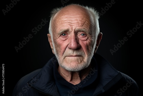 Portrait of an old man with grey hair on a black background.
