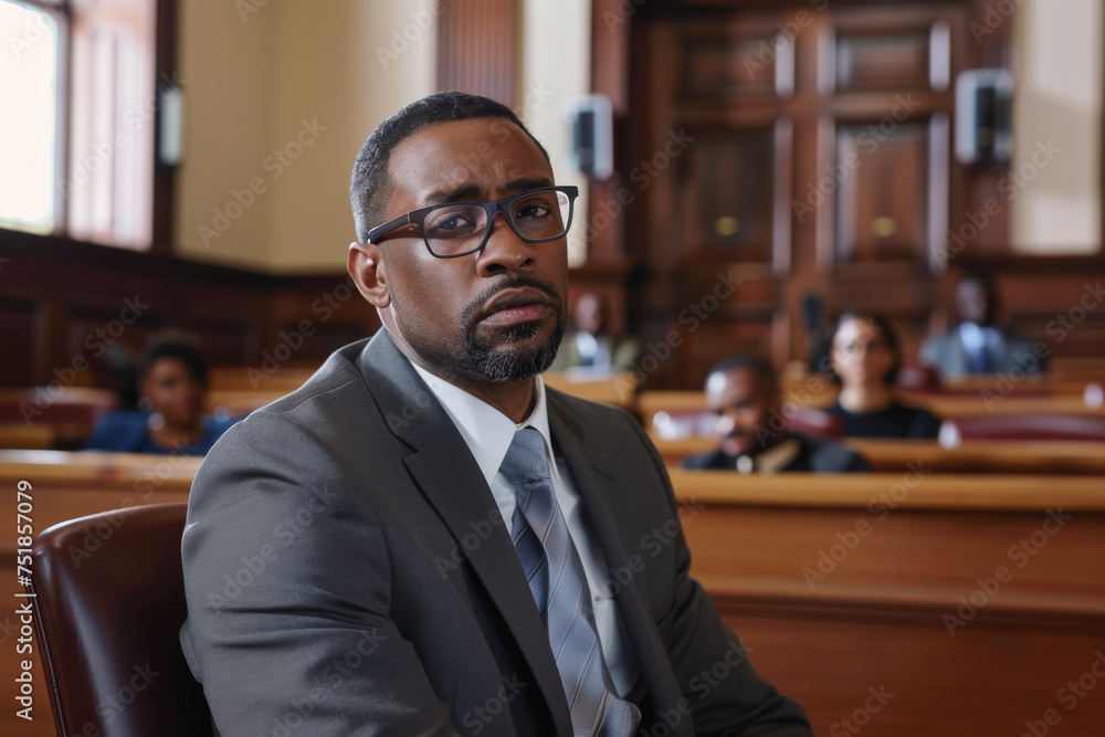 Close up of African-American man with glasses sitting at the table in front of judge
Close up of African-American man with glasses sitting at the table in front of judge