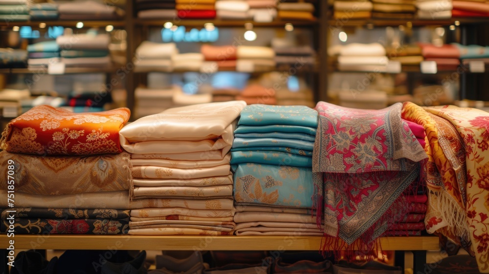 array of richly patterned traditional fabrics, their ornate designs and shimmering textures offering a feast for the senses in a fabric store array of richly patterned traditional fabrics, their ornate designs and shimmering textures offering a feast for the senses in a fabric store