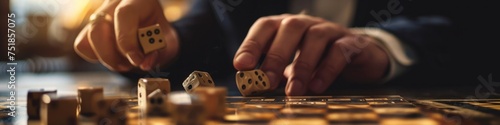 a businessman tossing financial dice on a board with investment options, illustrating the element of chance and risk in financial decisions.