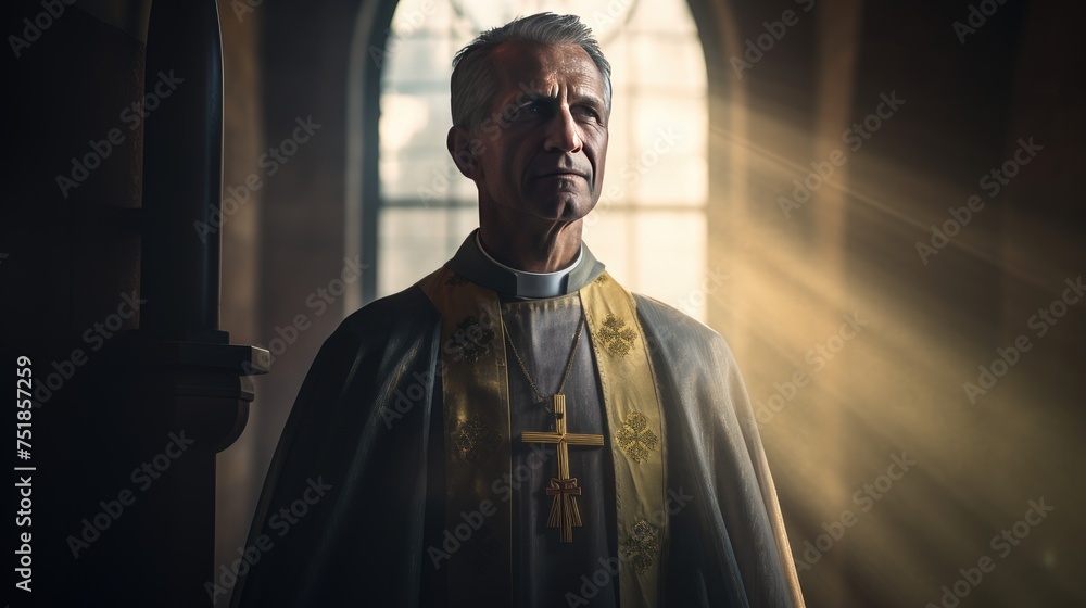 christian Bishop Standing in Front of a Window In Church
