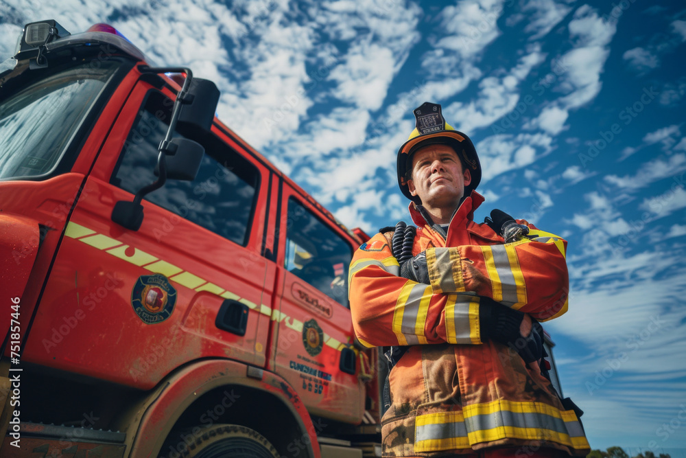 Firefighter standing in front of fire truck with blue sky background.
