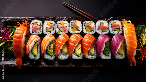 Japanese sushi food. Maki and rolls with tuna, salmon, shrimp, crab and avocado. Top view