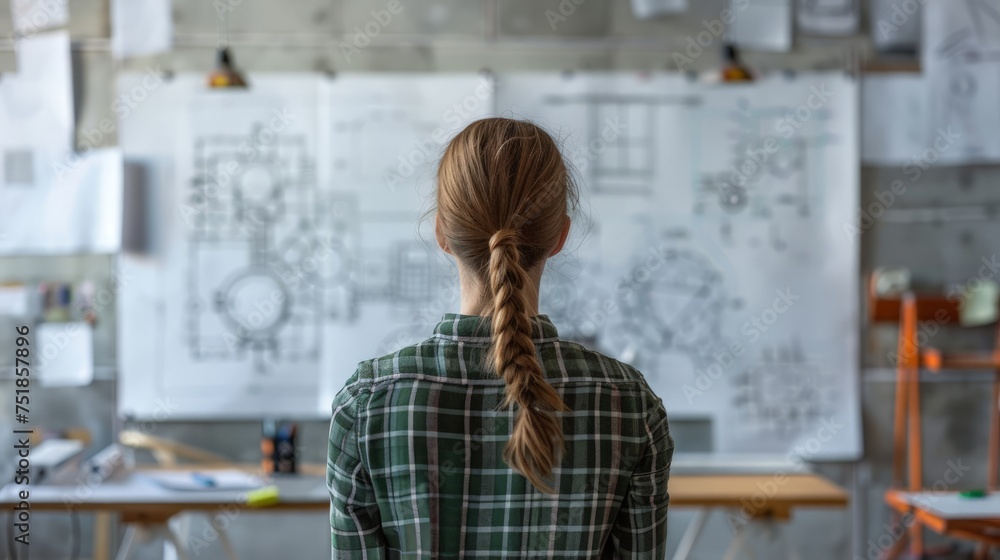 Back view of woman engineer looking at project sketch Back view of woman engineer looking at project sketch