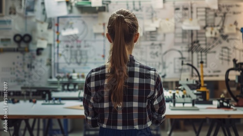 Back view of woman engineer looking at project sketch