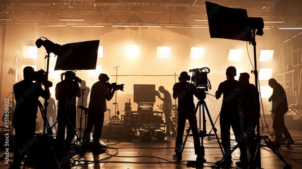 Fototapeta premium Behind the scenes of silhouette working people that making movie or tv channel content or film in big studio with camera set and production crew team.