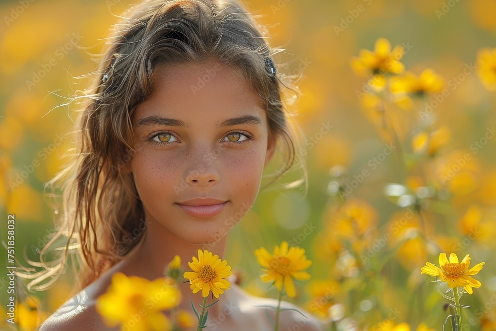 A soft-focused young girl surrounded by yellow flowers in a sun-kissed field A soft-focused young girl surrounded by yellow flowers in a sun-kissed field