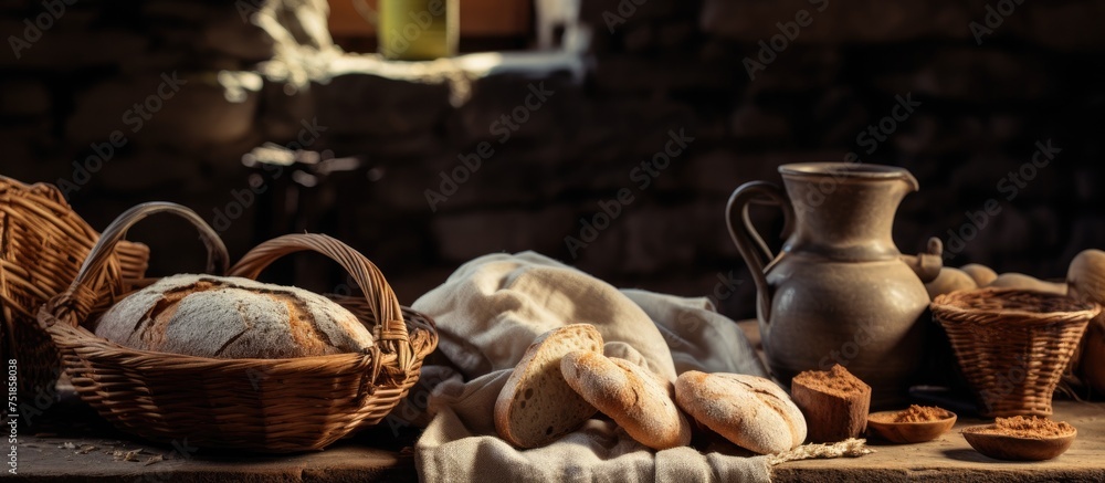 A wooden table is covered with loaves of freshly baked bread, alongside rustic baskets overflowing with more bread.